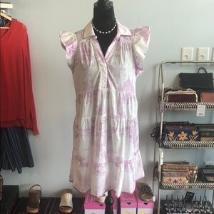 Chic Ruffle Sleeve Midi Dress in Purple and White